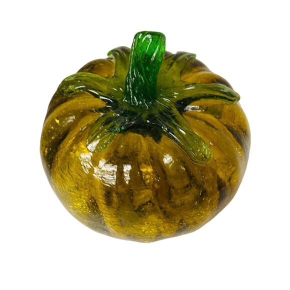 Hand-Blown Glass Pumpkin Decor Green & Amber 5" Tall - Picture 4 of 5